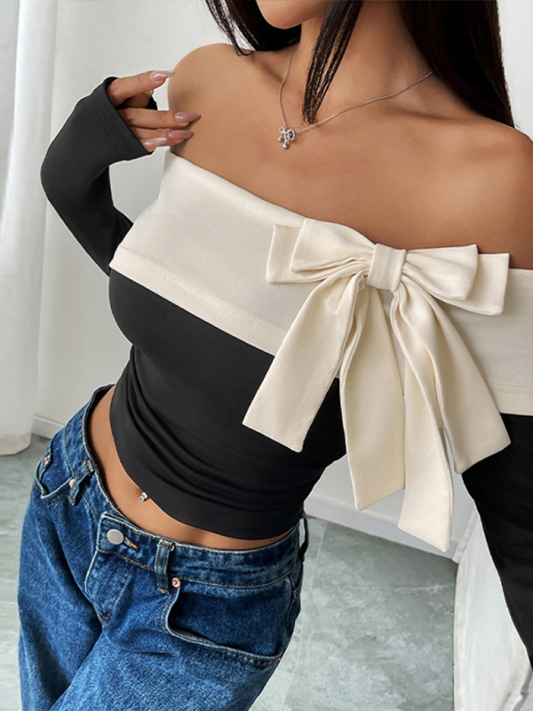 Women's Fashion Short Tops Long Sleeve Foreign Trade Off-shoulder One-shoulder Collar Bowknot T-shirt-chiquechics