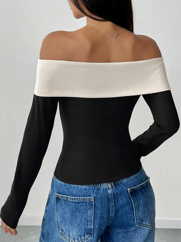 Women's Fashion Short Tops Long Sleeve Foreign Trade Off-shoulder One-shoulder Collar Bowknot T-shirt-chiquechics