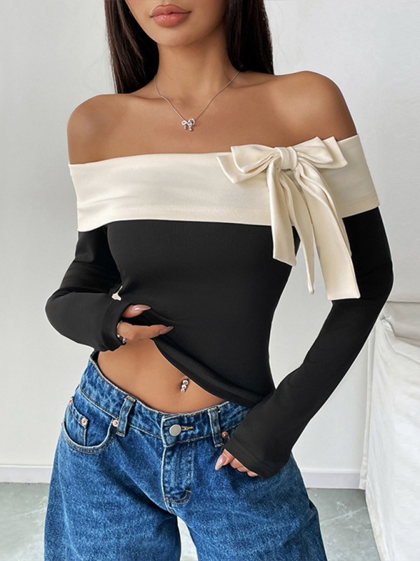 Women's Fashion Short Tops Long Sleeve Foreign Trade Off-shoulder One-shoulder Collar Bowknot T-shirt-chiquechics