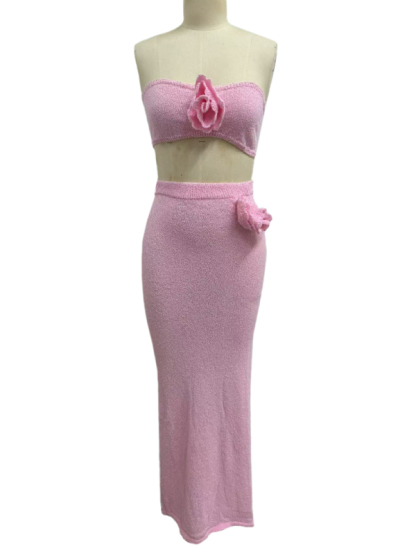 Strapless knitted hollow flower high waist skirt set-chiquechics
