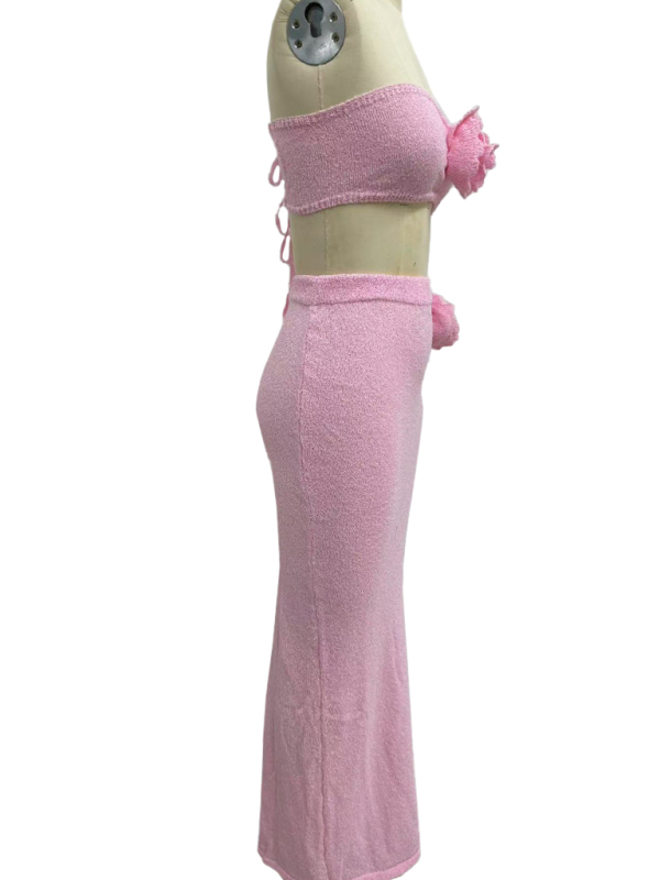 Strapless knitted hollow flower high waist skirt set-chiquechics