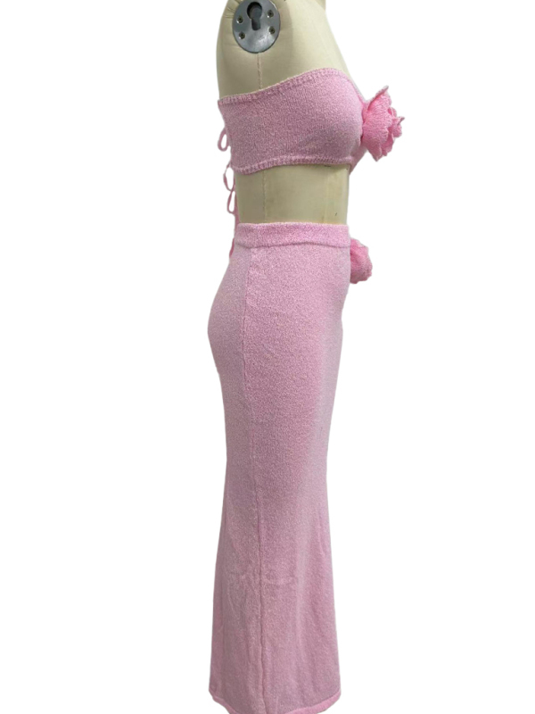 Strapless knitted hollow flower high waist skirt set-chiquechics