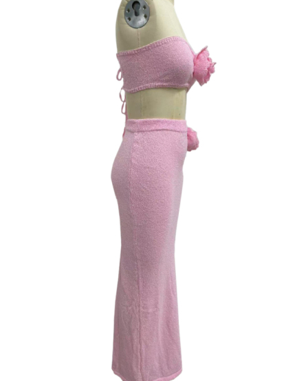 Strapless knitted hollow flower high waist skirt set-chiquechics