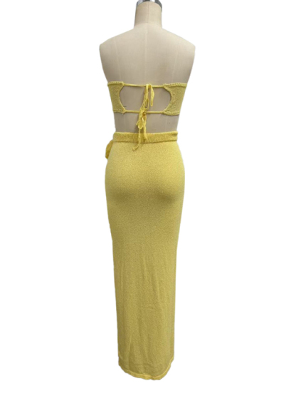 Strapless knitted hollow flower high waist skirt set-chiquechics