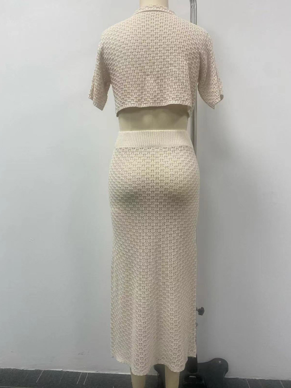Knitted Crochet Dress Suit Multicolor Cardigan Button Skirt All-match Set-chiquechics