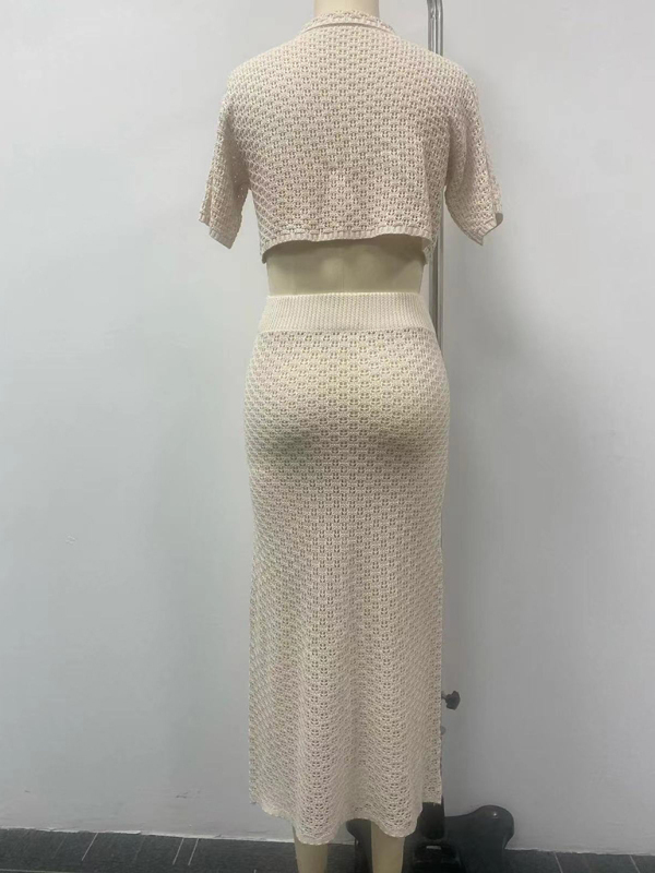 Knitted Crochet Dress Suit Multicolor Cardigan Button Skirt All-match Set-chiquechics