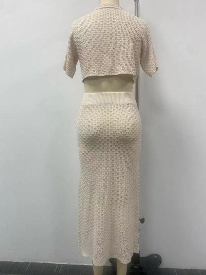 Knitted Crochet Dress Suit Multicolor Cardigan Button Skirt All-match Set-chiquechics