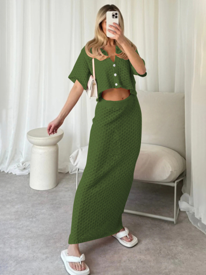 Knitted Crochet Dress Suit Multicolor Cardigan Button Skirt All-match Set-chiquechics