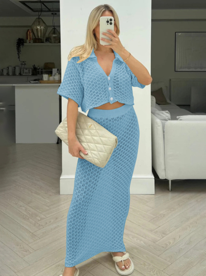 Knitted Crochet Dress Suit Multicolor Cardigan Button Skirt All-match Set-chiquechics