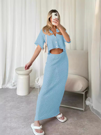 Knitted Crochet Dress Suit Multicolor Cardigan Button Skirt All-match Set-chiquechics