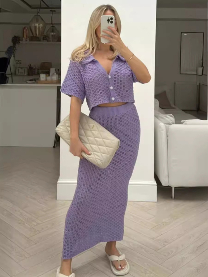 Knitted Crochet Dress Suit Multicolor Cardigan Button Skirt All-match Set-chiquechics