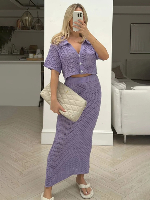 Knitted Crochet Dress Suit Multicolor Cardigan Button Skirt All-match Set-chiquechics
