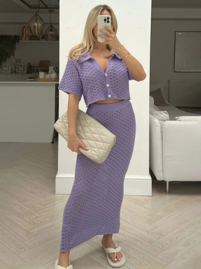 Knitted Crochet Dress Suit Multicolor Cardigan Button Skirt All-match Set-chiquechics