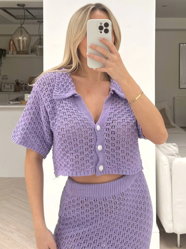 Knitted Crochet Dress Suit Multicolor Cardigan Button Skirt All-match Set-chiquechics