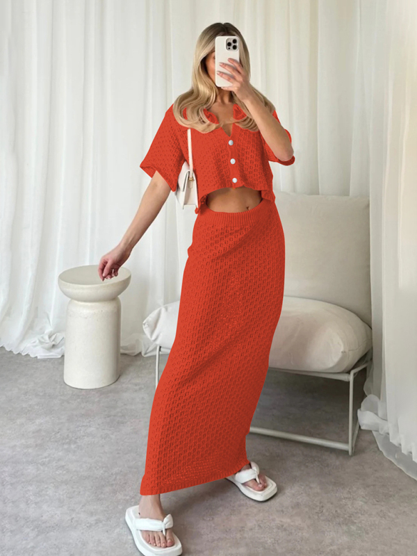 Knitted Crochet Dress Suit Multicolor Cardigan Button Skirt All-match Set-chiquechics