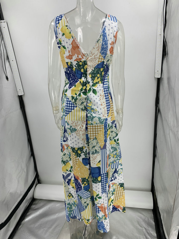 Casual printed women's sleeveless large V-neck swing dress-chiquechics