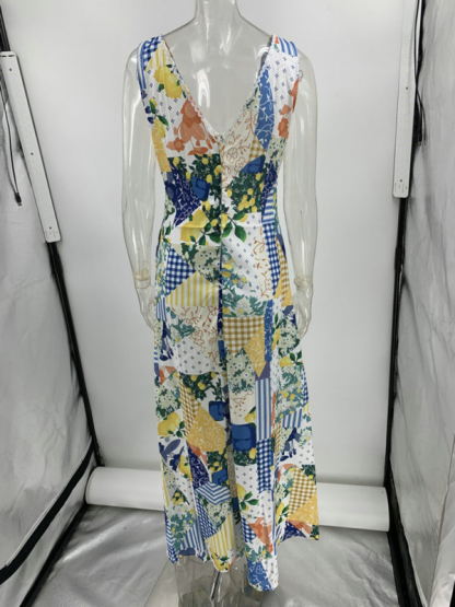 Casual printed women's sleeveless large V-neck swing dress-chiquechics