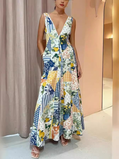 Casual printed women's sleeveless large V-neck swing dress-chiquechics