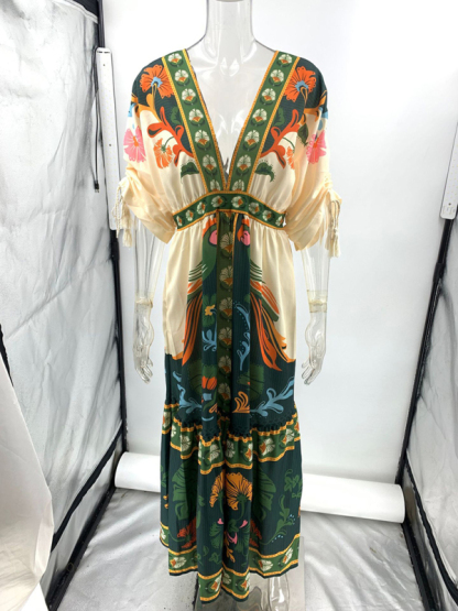 V-neck retro ethnic style positioning print linen dress-chiquechics