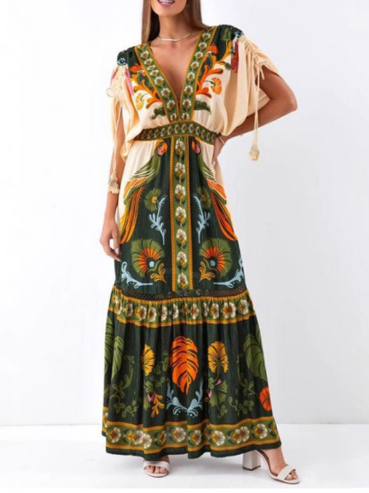 V-neck retro ethnic style positioning print linen dress-chiquechics