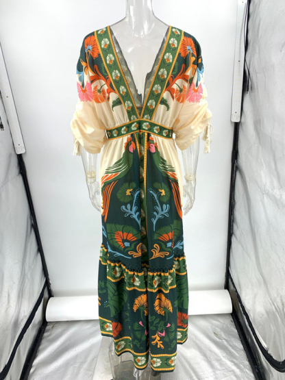 V-neck retro ethnic style positioning print linen dress-chiquechics