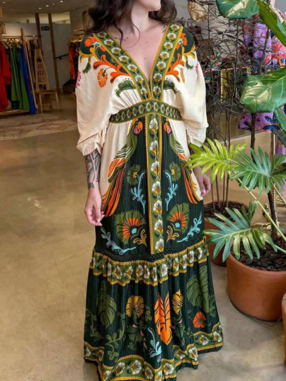 V-neck retro ethnic style positioning print linen dress-chiquechics