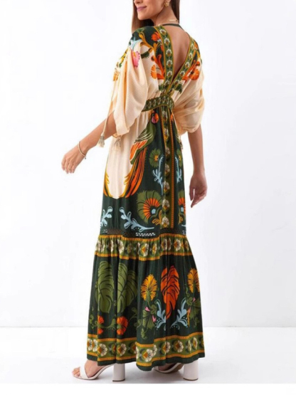 V-neck retro ethnic style positioning print linen dress-chiquechics