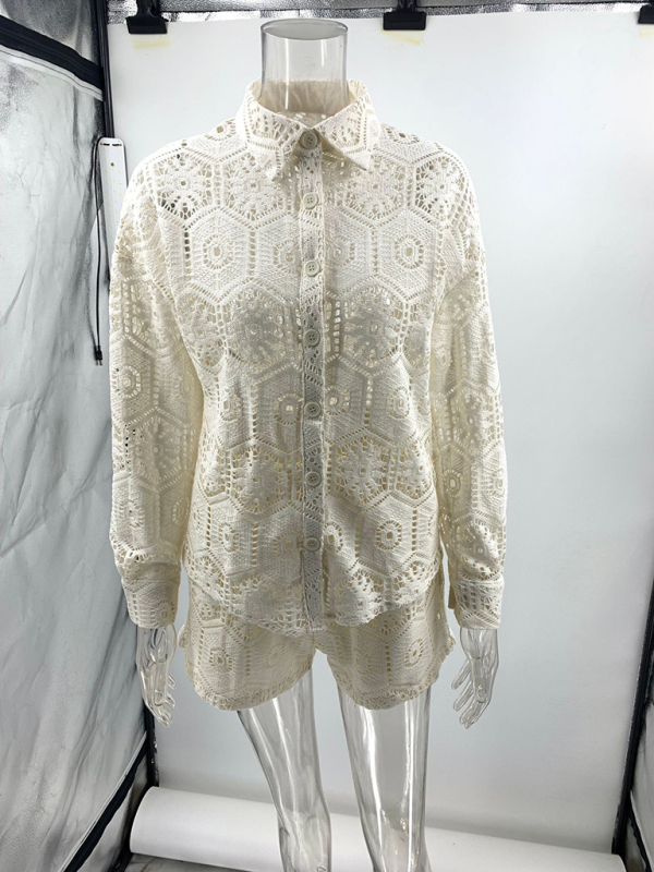 Casual style lapel single-breasted stand-up collar top lace shorts set-chiquechics