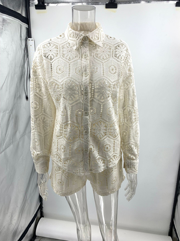 Casual style lapel single-breasted stand-up collar top lace shorts set-chiquechics