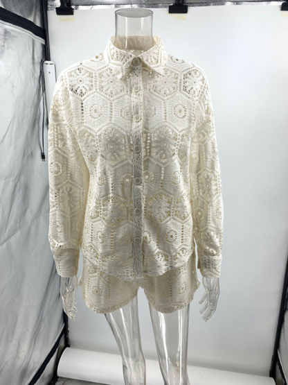 Casual style lapel single-breasted stand-up collar top lace shorts set-chiquechics