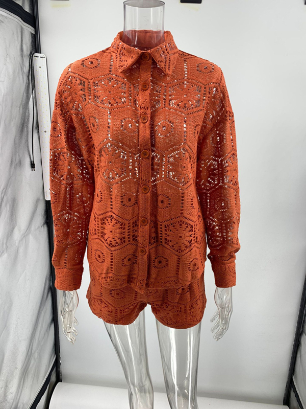 Casual style lapel single-breasted stand-up collar top lace shorts set-chiquechics