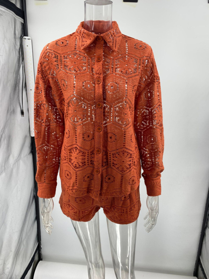 Casual style lapel single-breasted stand-up collar top lace shorts set-chiquechics