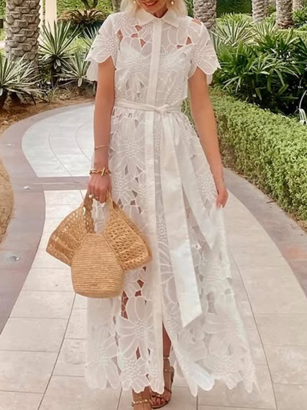 Casual Lace Cardigan Single Breasted Dress-chiquechics