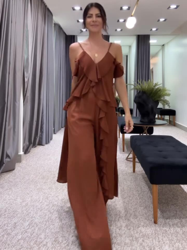Women's solid color chiffon V-neck suspenders ruffled straight pants two-piece set-chiquechics