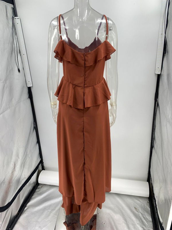 Women's solid color chiffon V-neck suspenders ruffled straight pants two-piece set-chiquechics