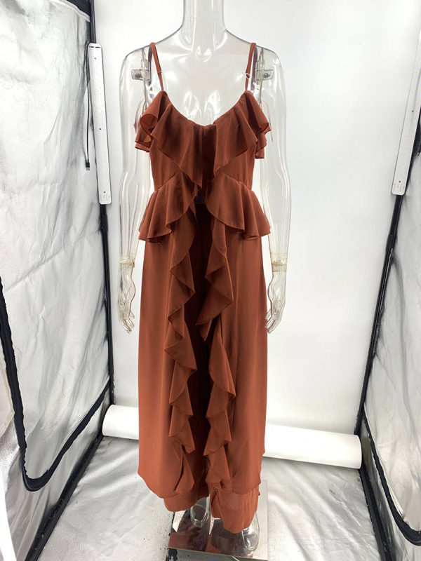 Women's solid color chiffon V-neck suspenders ruffled straight pants two-piece set-chiquechics