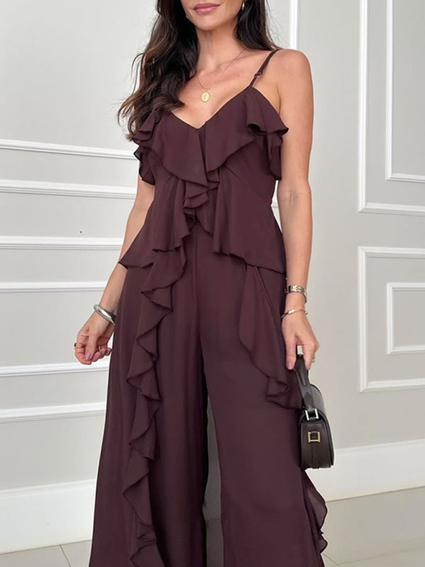 Women's solid color chiffon V-neck suspenders ruffled straight pants two-piece set-chiquechics