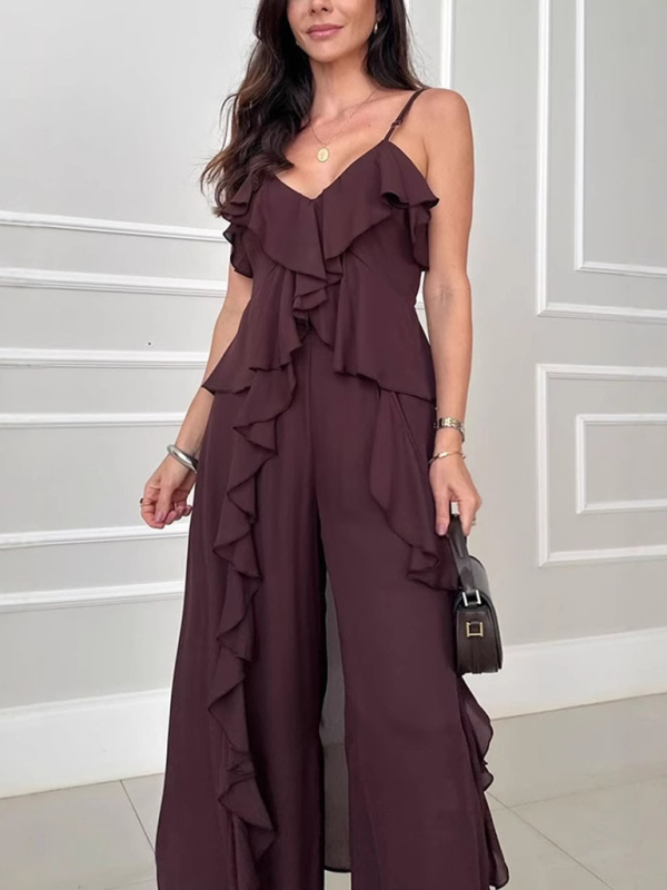 Women's solid color chiffon V-neck suspenders ruffled straight pants two-piece set-chiquechics