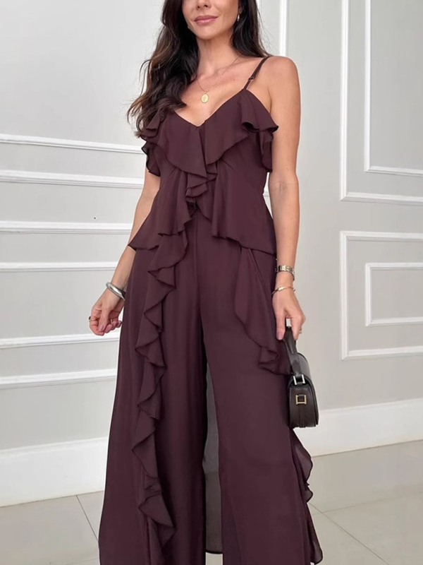 Women's solid color chiffon V-neck suspenders ruffled straight pants two-piece set-chiquechics