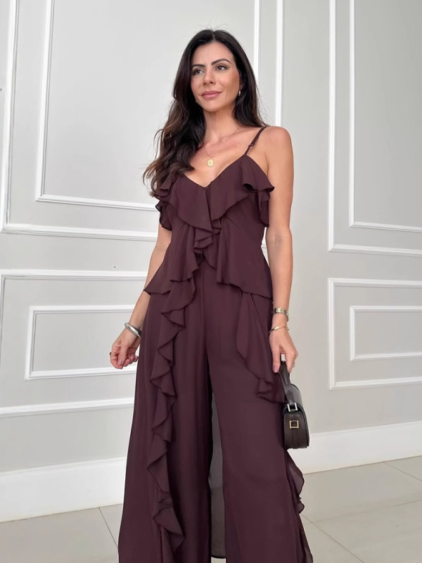Women's solid color chiffon V-neck suspenders ruffled straight pants two-piece set-chiquechics