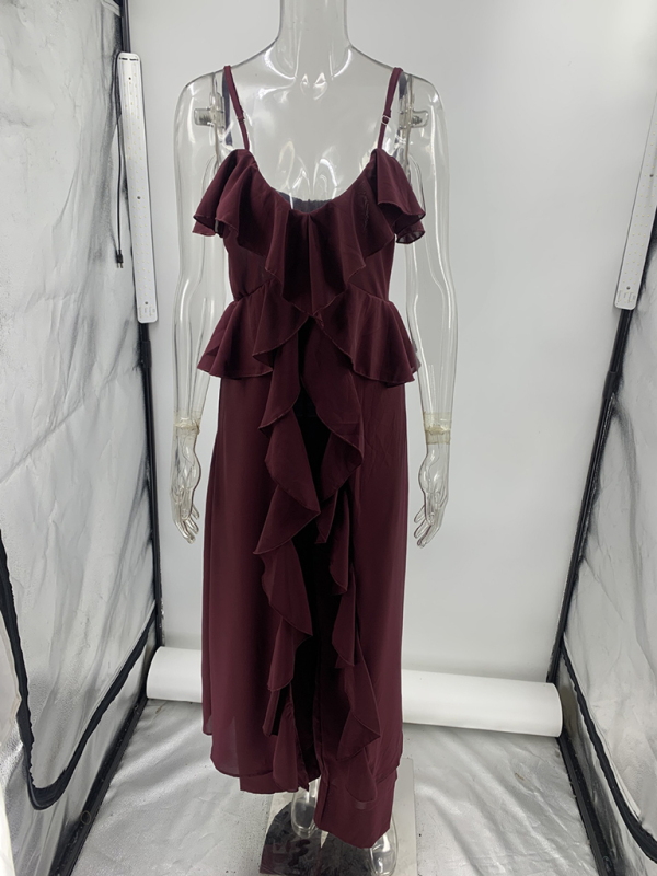 Women's solid color chiffon V-neck suspenders ruffled straight pants two-piece set-chiquechics