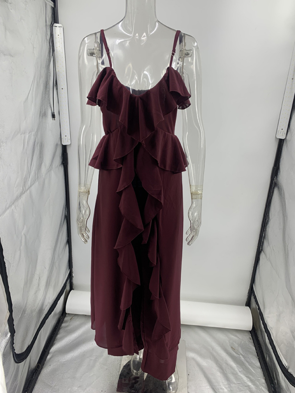 Women's solid color chiffon V-neck suspenders ruffled straight pants two-piece set-chiquechics