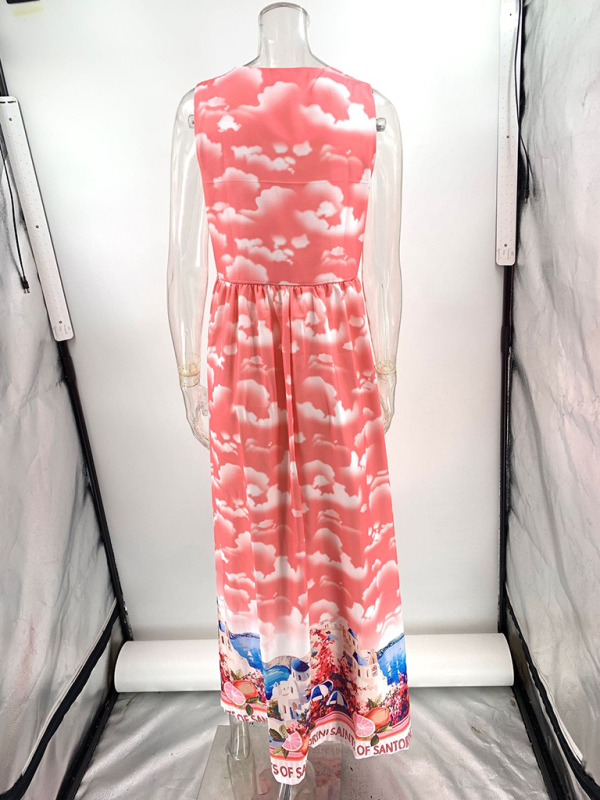 Linen Printed Casual Sleeveless V-Neck Maxi Dress-chiquechics