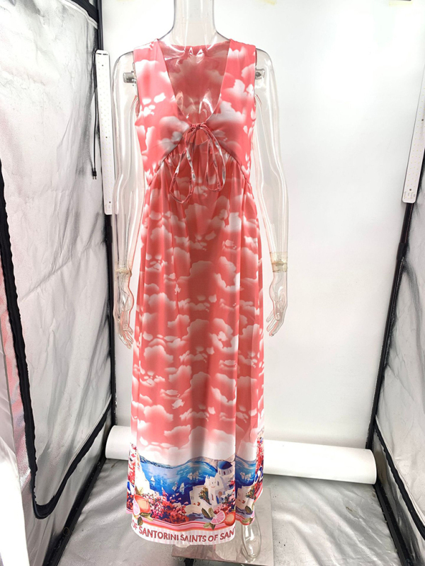 Linen Printed Casual Sleeveless V-Neck Maxi Dress-chiquechics