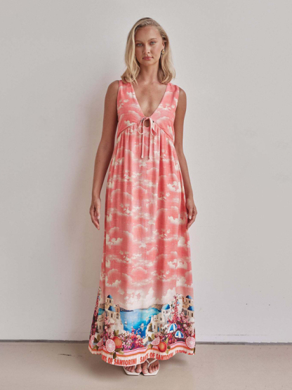 Linen Printed Casual Sleeveless V-Neck Maxi Dress-chiquechics