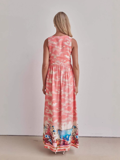 Linen Printed Casual Sleeveless V-Neck Maxi Dress-chiquechics