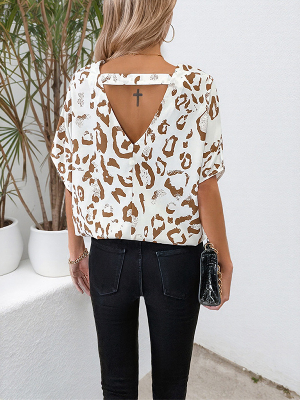 Women's V-neck bat sleeve leopard print backless shirt-chiquechics