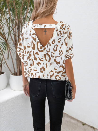 Women's V-neck bat sleeve leopard print backless shirt-chiquechics