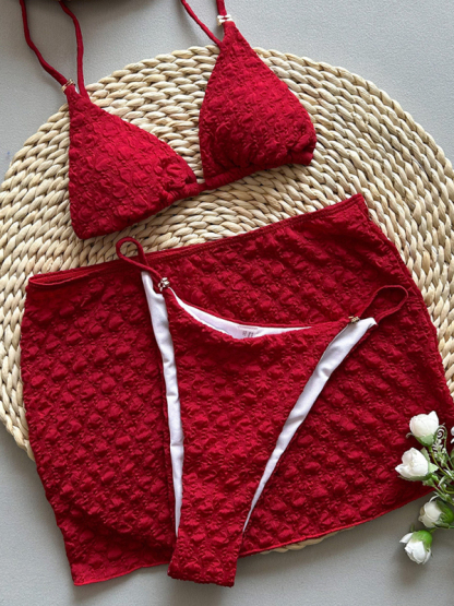Red textured fabric bikini three piece set-chiquechics