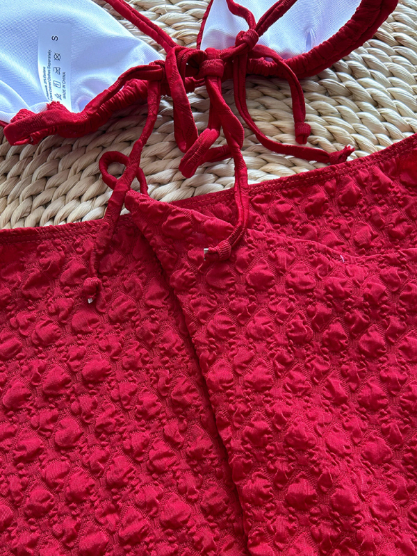 Red textured fabric bikini three piece set-chiquechics